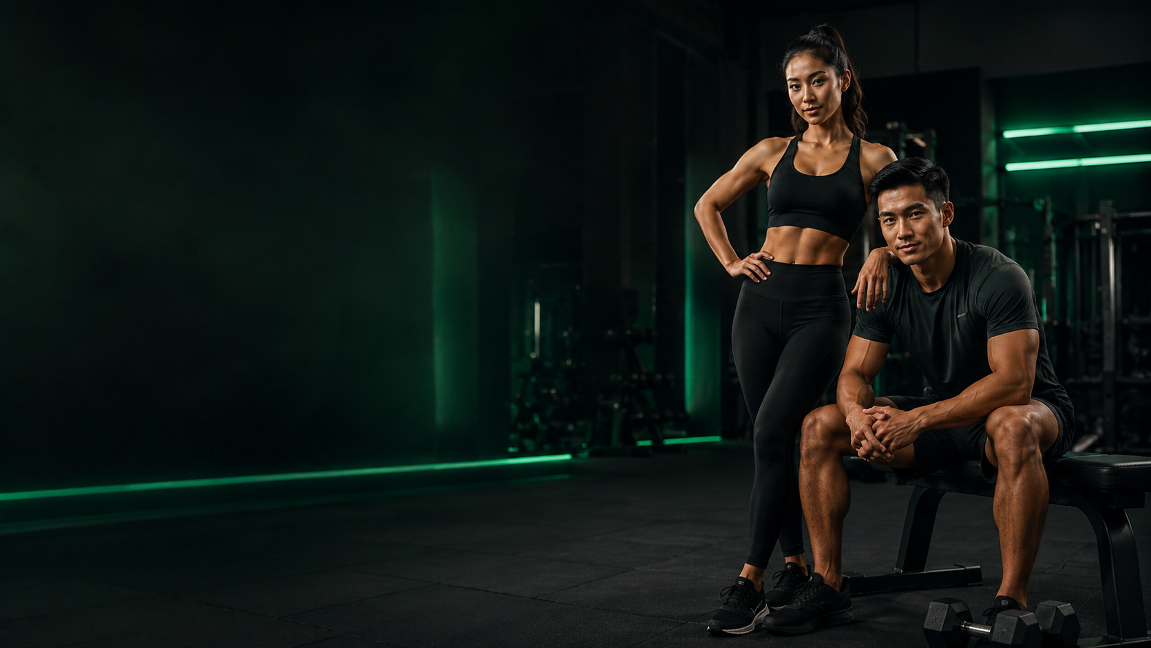 Man and woman in a confident pose after a workout